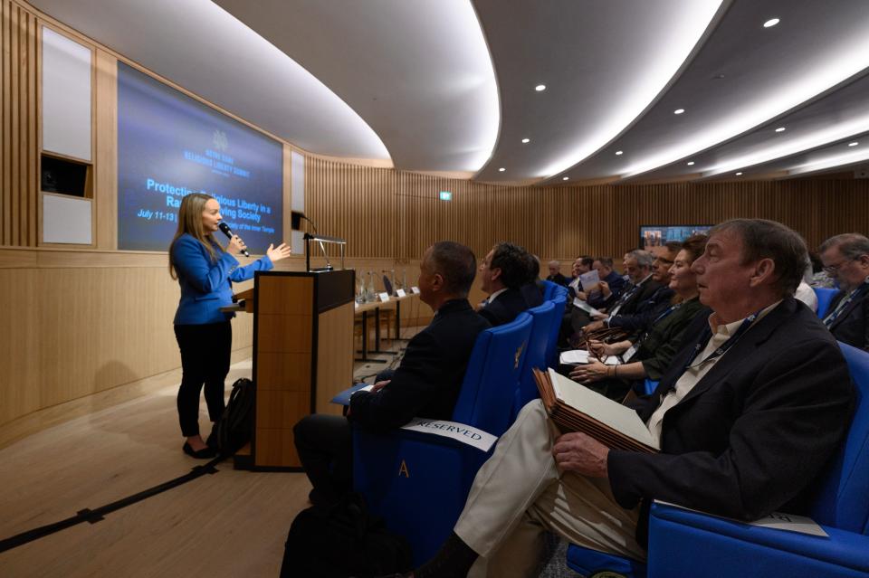 Notre Dame Law School professor and Religious Liberty Initiative Director Stephanie Barclay gives opening remarks at the first session of the 2023 Religious Liberty Summit. | Matt Cashore, University of Notre Dame