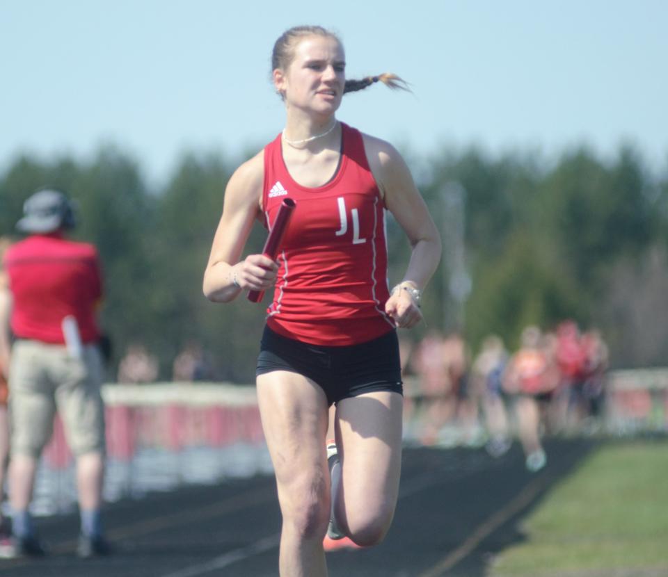 Madalyn Agren comes in the 4x800 meter relay during the Johannesburg-Lewiston Invite on Tuesday, May 9.