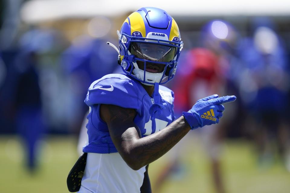 Rams wide receiver TuTu Atwell participates in practice drills on Aug. 6.