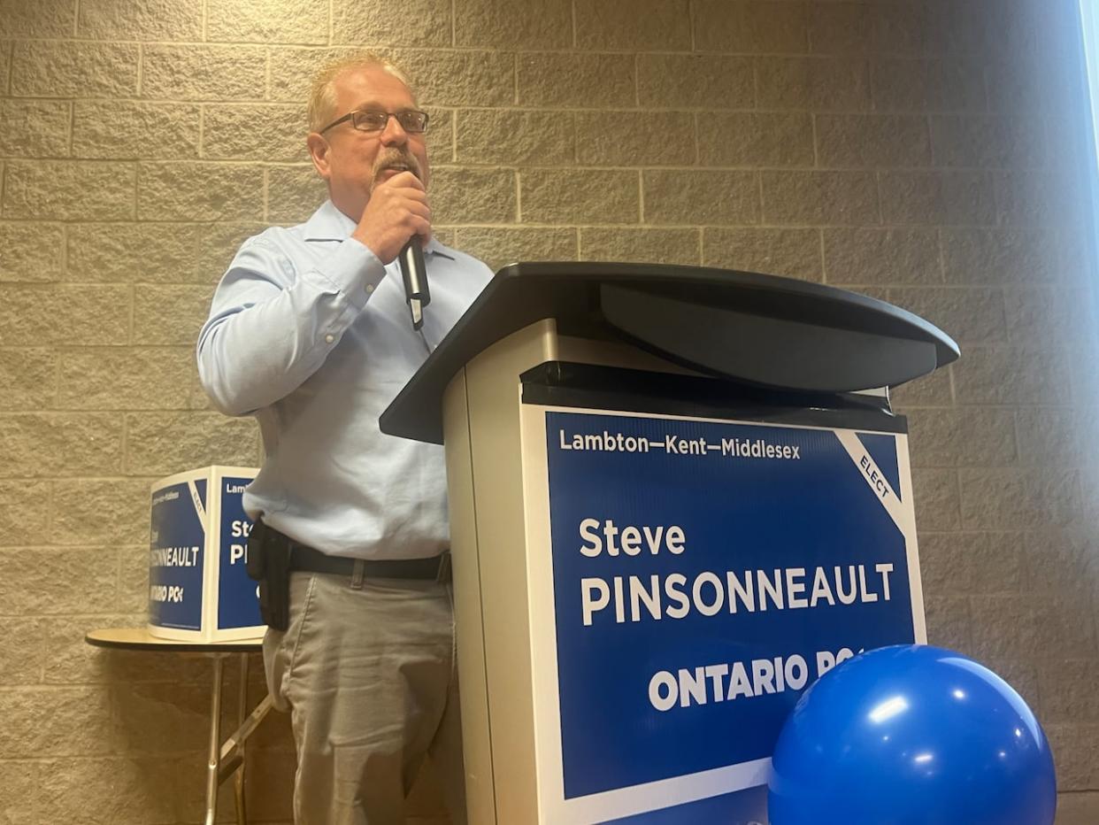 Steven Pinsonneault during his victory speech after winning the seat for the riding of Lambton-Kent-Middlesex on May 2, 2024.  (Andrew Lupton/ CBC News - image credit)