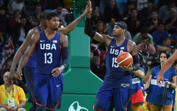 Carmelo Anthony has been great surrounded by other stars on Team USA. (Getty)