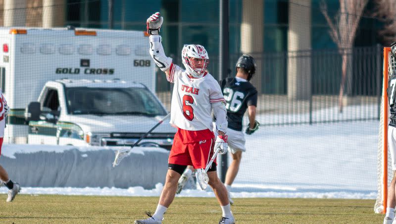 FILE — Utah’s Ryan Stines gestures during a game in Salt Lake City.