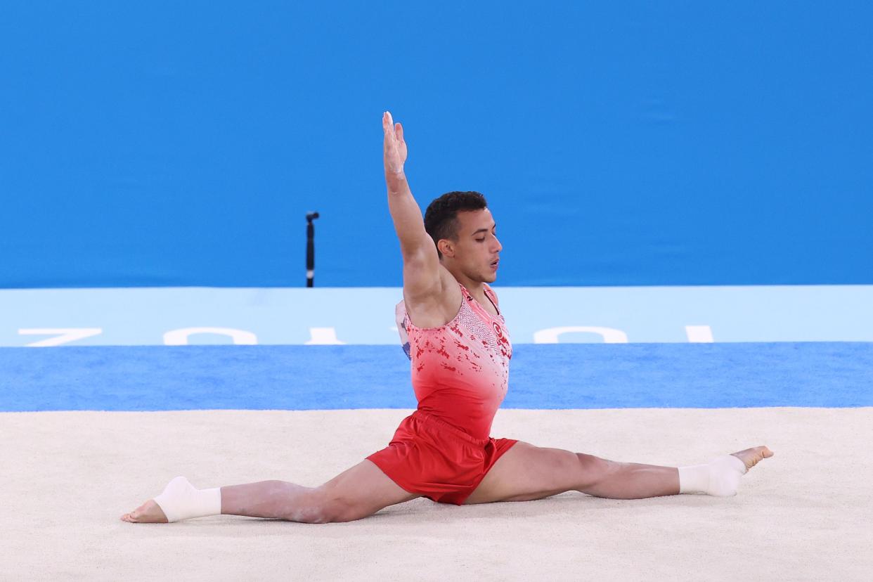 Adem Asil of Team Turkey competes in the floor exercise during the Men's All-Around Final on day five of the Tokyo 2020 Olympic Games at Ariake Gymnastics Centre on July 28, 2021, in Tokyo, Japan.