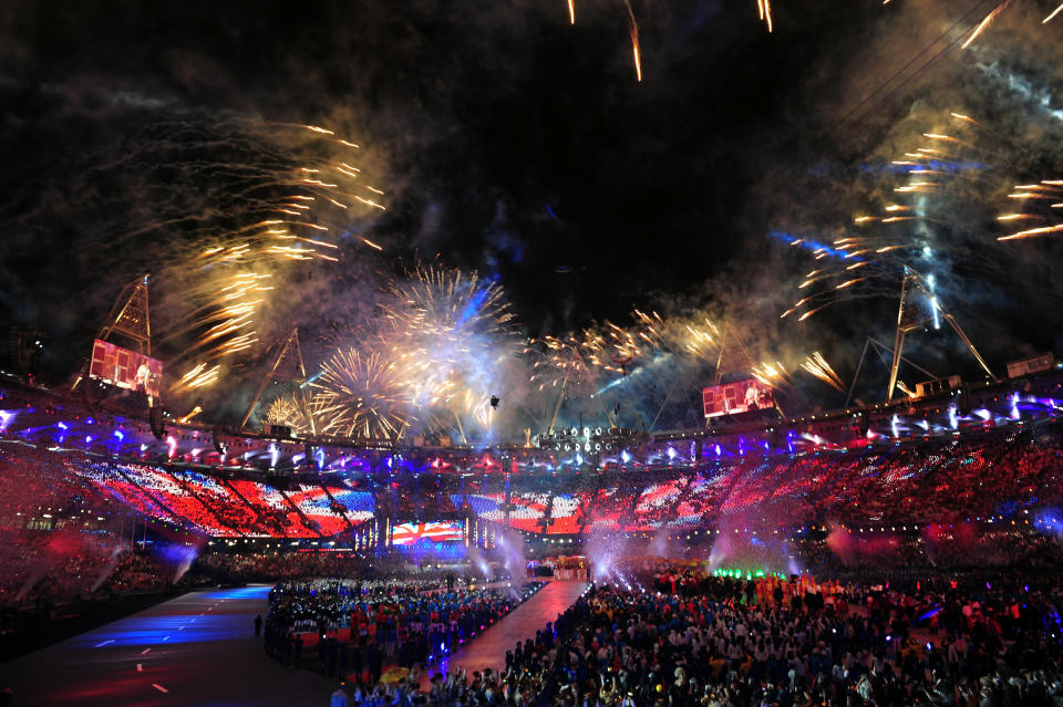 LONDON, ENGLAND - AUGUST 12: Fireworks explode over the stadium during the Closing Ceremony on Day 16 of the London 2012 Olympic Games at Olympic Stadium on August 12, 2012 in London, England. (Photo by Mike Hewitt/Getty Images)