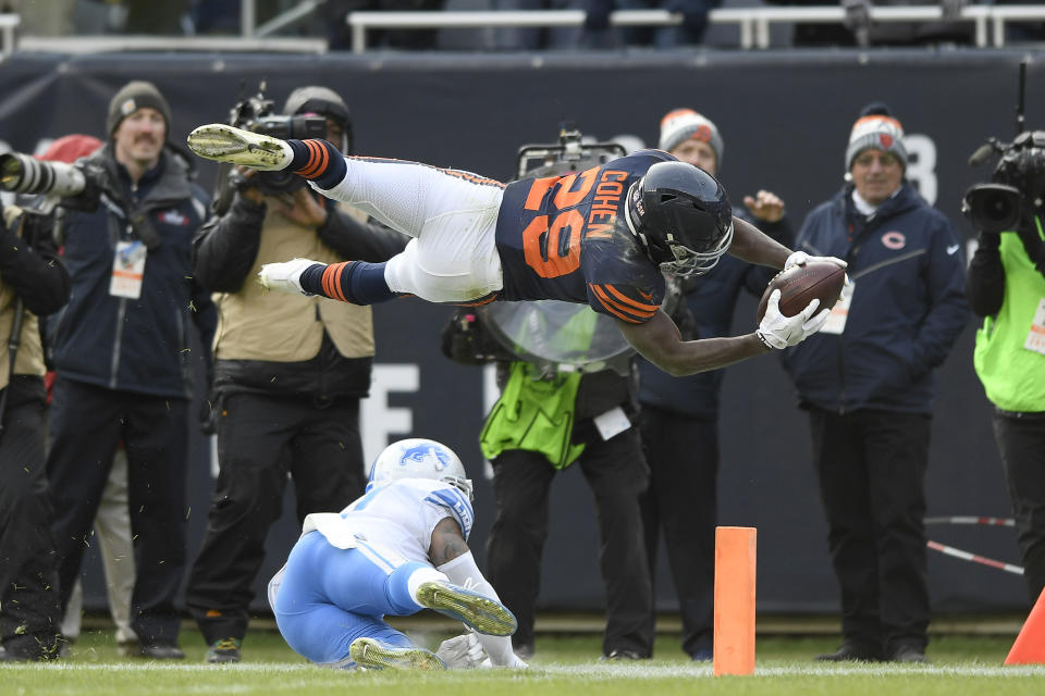 <p>Chicago Bears running back Tarik Cohen (29) dives into the endzone for a touchdoown over Detroit Lions free safety Glover Quin (27) in the fourth quarter during an NFL football game between the Detroit Lions and the Chicago Bears on November 19, 2017 at Soldier Field in Chicago, IL. (Photo by Robin Alam/Icon Sportswire via Getty Images) </p>