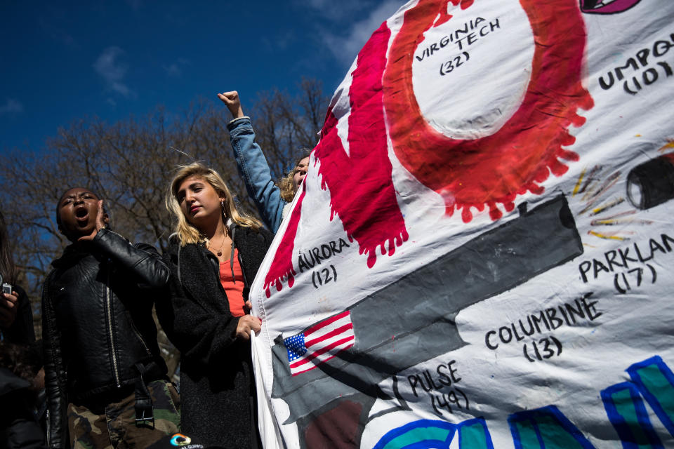 <p>Student activists rally against gun violence at Washington Square Park, near the campus of New York University, April 20, 2018 in New York City. (Photo: rew Angerer/Getty Images) </p>