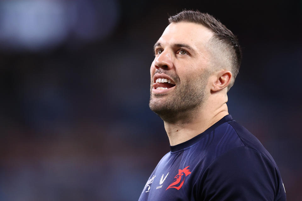 SYDNEY, AUSTRALIA - SEPTEMBER 21:  James Tedesco of the Roosters warms up ahead of the NRL Semi Final match between Sydney Roosters and Manly Sea Eagles at Allianz Stadium on September 21, 2024 in Sydney, Australia. (Photo by Jason McCawley/Getty Images)