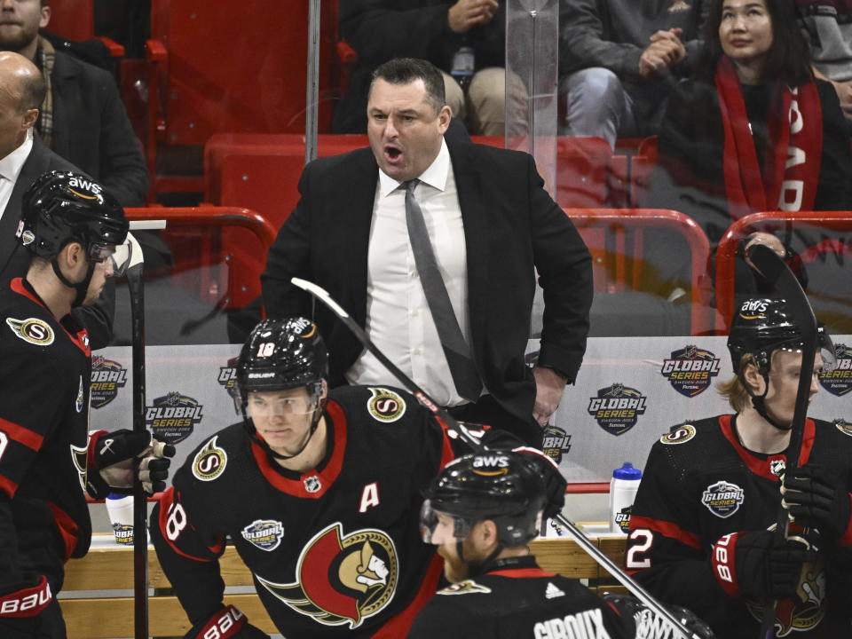 Ottawa's head coach D.J. Smith shouts during the NHL Global Series Sweden ice hockey match between Minnesota Wild and Ottawa Senators at Avicii Arena in Stockholm, Sweden, Saturday, Nov. 18, 2023. Photo: (Claudio Bresciani/TT News Agency via AP)