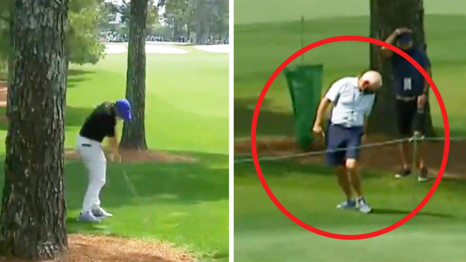 Rory McIlroy (pictured left) hitting a shot at The Masters and the ball hitting his father, Gerry, (pictured right).