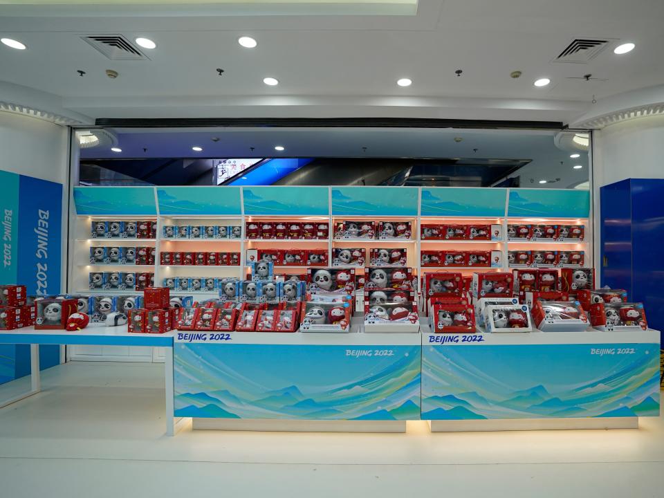 Beijing 2022 Winter Olympics mascot dolls are displayed for sale at a Beijing 2022 licensed product official store on February 8, 2021 in Beijing, China.