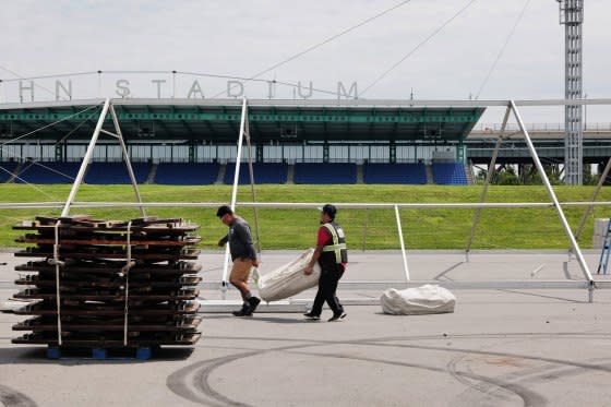 Construction starts on Randall’s Island in New York City on a shelter for recently arrived migrants on Aug. 14, 2023.<span class="copyright">Spencer Platt—Getty Images</span>