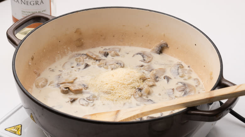 mushroom cream sauce in pan