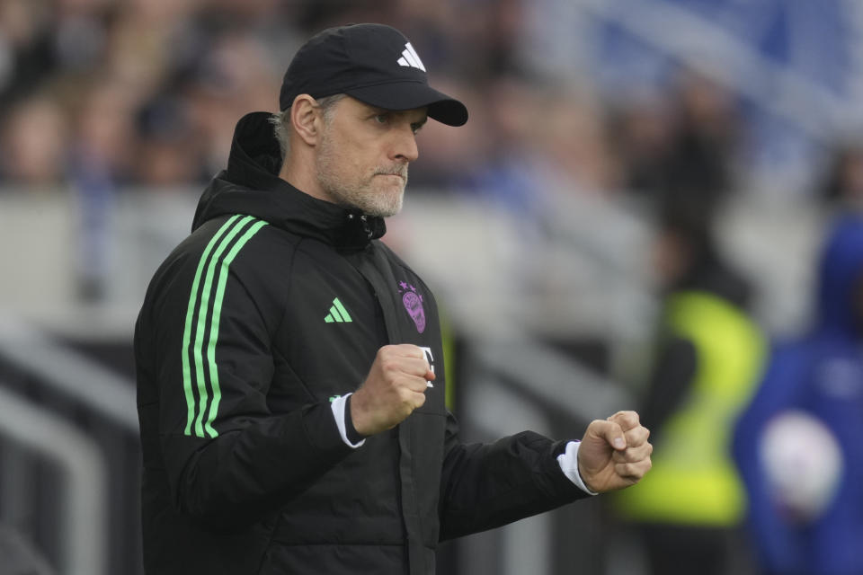 Bayern's head coach Thomas Tuchel celebrates after Bayern's Jamal Musiala scores his side's third goal during a German Bundesliga soccer match between SV Darmstadt 98 and Bayern Munich in Darmstadt, Germany, Saturday, March 16, 2024. (AP Photo/Michael Probst)