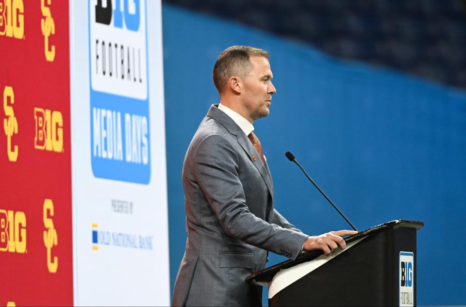 July 24, 2024; Indianapolis, IN, USA; USC Trojans coach Lincoln Riley speaks to the media during Big 10 Football Media Day at Lucas Oil Stadium. Mandatory Credit: Robert Goddin-USA TODAY Sports