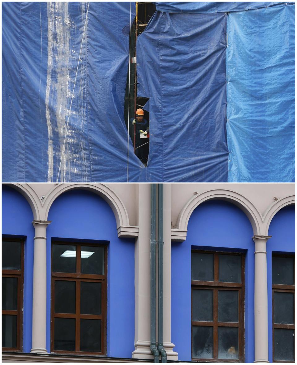 A combination of two pictures shows the development of construction within the last eleven months in the village of Krasnaya Polyana near Sochi, January 30, 2014. Picture on the top was taken in February 2013. Sochi will host the 2014 Winter Olympic Games from February 7 to 23. REUTERS/Kai Pfaffenbach (RUSSIA - Tags: SPORT OLYMPICS BUSINESS CONSTRUCTION)