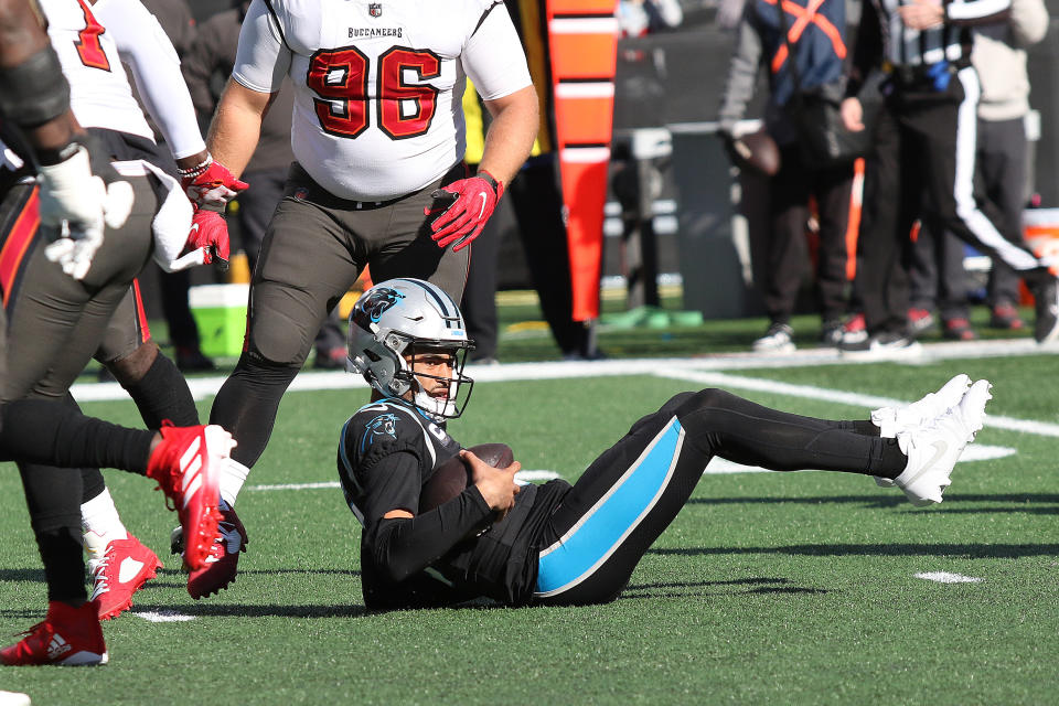 CHARLOTTE, NC - JANUARY 07: Carolina Panthers quarterback Bryce Young (9) during an NFL football game between the Tampa Bay Buccaneers and the Carolina Panthers on January 7, 2024 at Bank of America Stadium in Charlotte, N.C. (Photo by John Byrum/Icon Sportswire via Getty Images)