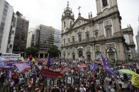 Demonstrators shouts slogans during a protest against Brazilian President Jair Bolsonaro and his handling of the coronavirus pandemic and economic policies they say harm the interests of the poor and working class, in Rio de Janeiro, Brazil, Saturday, June 19, 2021. Brazil is approaching an official COVID-19 death toll of 500,000 — second-highest in the world. (AP Photo/Bruna Prado)