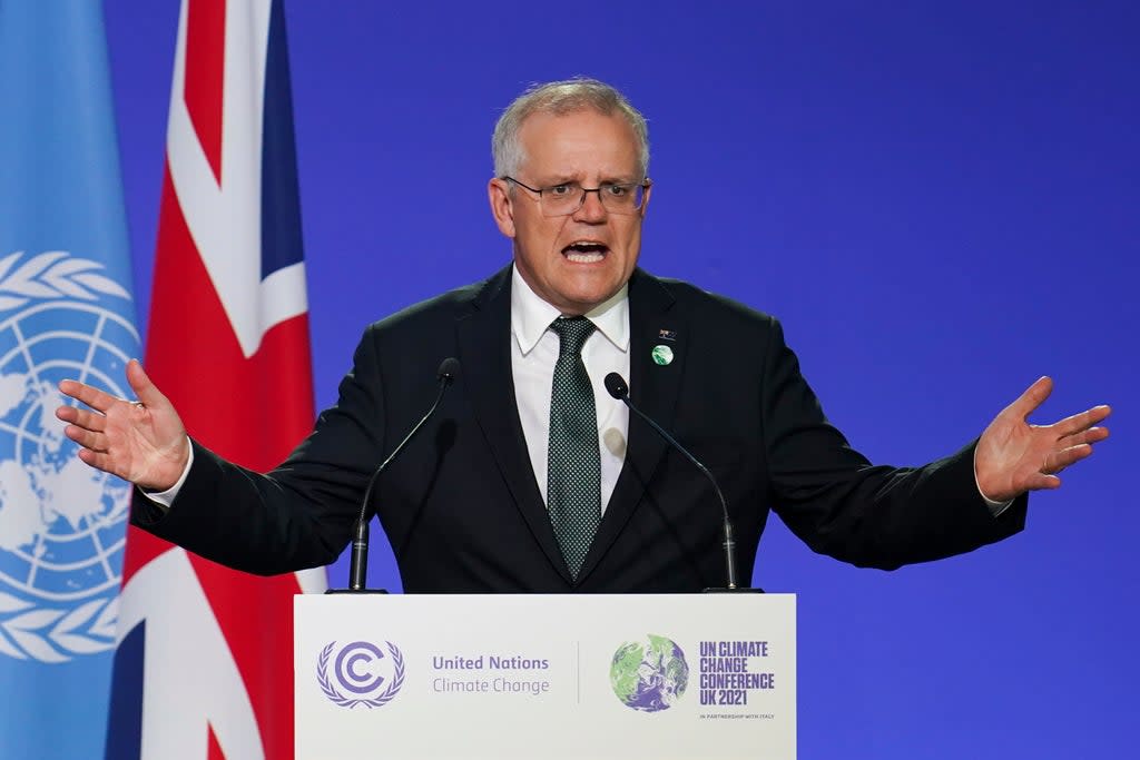 Scott Morrison, Prime Minister of Australia delivers an address during the COP26 Summit, at the SECC in Glasgow (2021 Getty Images)