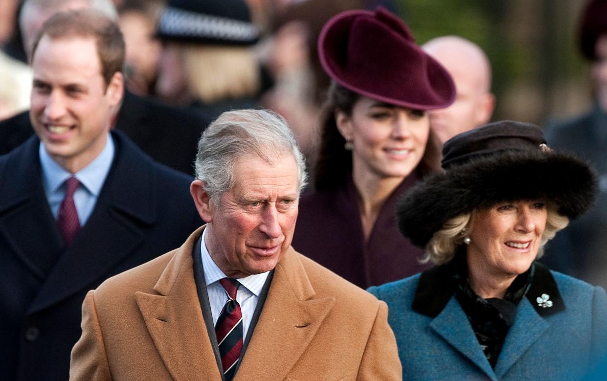 Britain's Prince Charles (2ndL) and Camilla, Duchess of Cornwall (R), Catherine, Duchess of Cambridge (back,R) and Prince William (back, L) arrive to attend the Royal family Christmas Day church service at St Mary Magdalene Church in Sandringham, Norfolk, eastern England, on December 25, 2011. Britain's Prince Philip missed the royal family's Christmas Day celebrations for the first time as the husband of Queen Elizabeth II remained in hospital after having heart surgery.    AFP PHOTO / BEN STANSALL (Photo by Ben STANSALL / AFP) (Photo by BEN STANSALL/AFP via Getty Images)