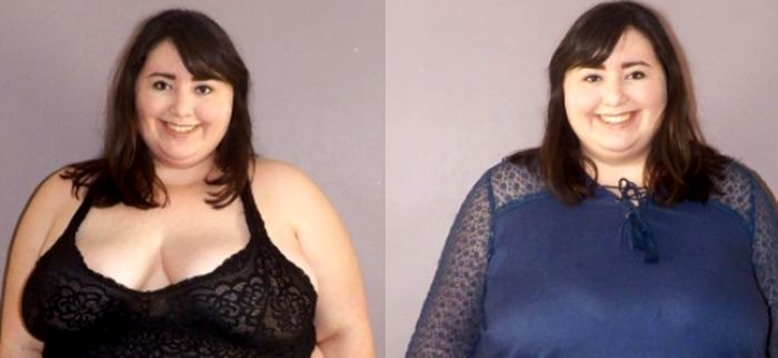 Two photos of Lexi: One in a bra top and one in a dress.