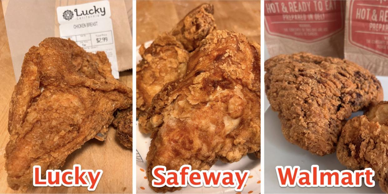 From left to right, labeled Lucky's, Safeway, and Walmart fried chicken