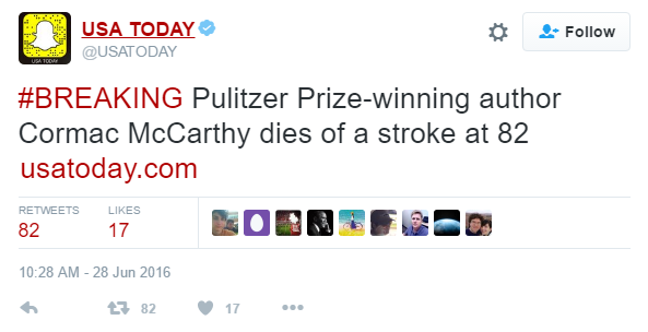 Cormac McCarthy has died of a stroke at the age of 82