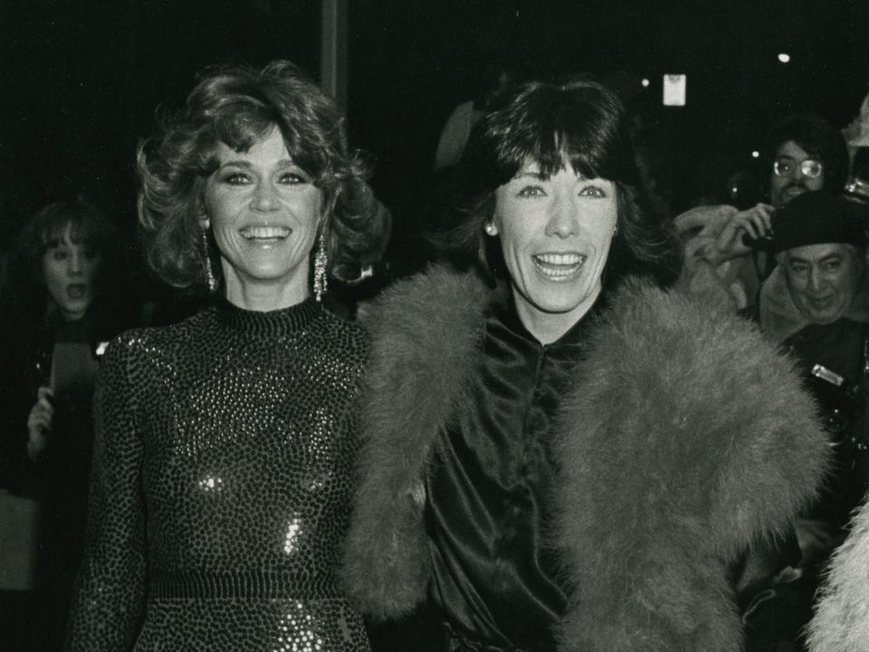 Black and white photo of Jane and Lily smiling.