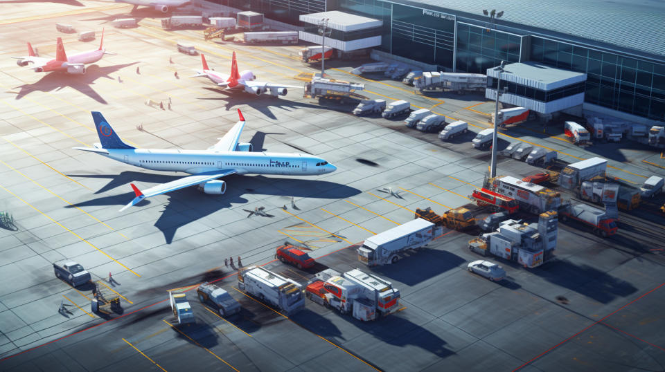 A daytime aerial view of an airport bustling with planes and staff.