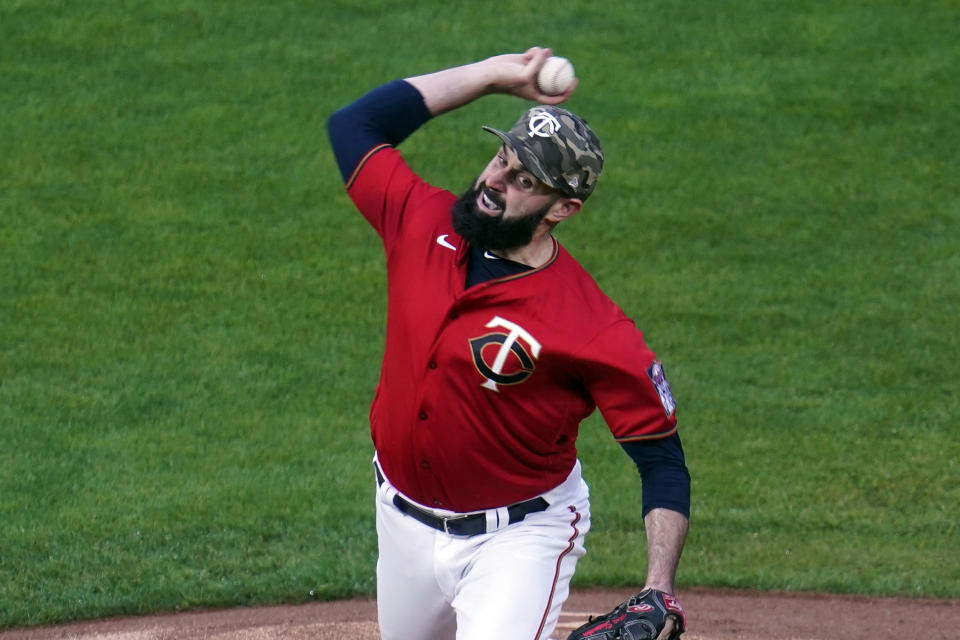 Minnesota Twins pitcher Matt Shoemaker (32) throws to an Oakland Athletics batter during the first inning of a baseball game Friday, May 14, 2021, in Minneapolis. (AP Photo/Jim Mone)