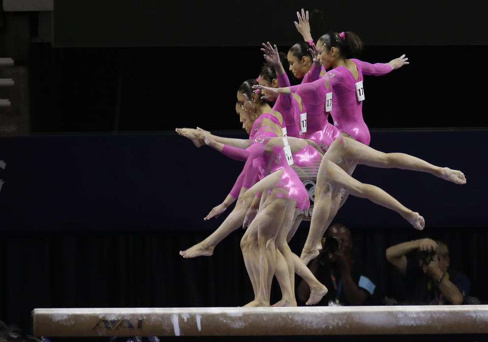 Sabrina Vega performs on the balance beam during the preliminary round of the women's Olympic gymnastics trials, Friday, June 29, 2012, in San Jose, Calif. (AP Photo/Julie Jacobson)