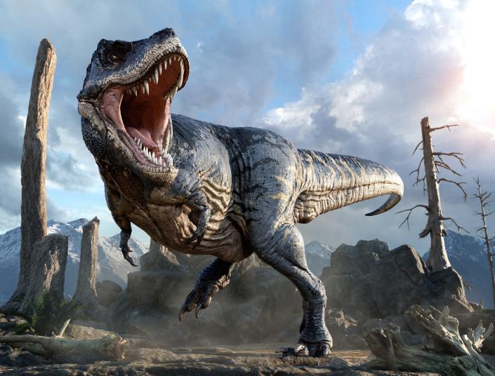 Cartoon illustration of a T. rex dinosaur roaring.