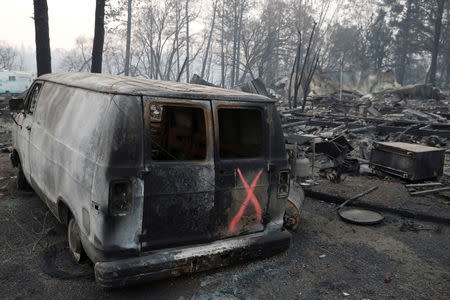 FILE PHOTO: A van marked by search crews is seen in the aftermath of the Camp Fire in Paradise, California, U.S., November 17, 2018. REUTERS/Terray Sylvester/File Photo