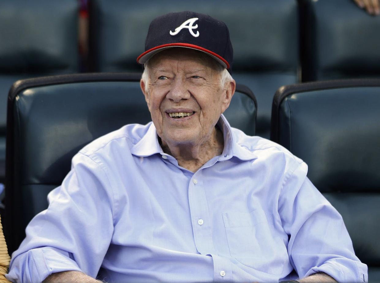 <span class="caption">Former President Jimmy Carter pictured at an Atlanta Braves-Toronto Blue Jays game in Atlanta on Sept. 17, 2015, shortly after being treated for melanoma.</span> <span class="attribution"><a class="link " href="http://www.apimages.com/metadata/Index/Blue-Jays-Braves-Baseball/834e4ba1ad1a4a528b045739bdd89528/30/0" rel="nofollow noopener" target="_blank" data-ylk="slk:AP Photo/John Bazemore;elm:context_link;itc:0;sec:content-canvas">AP Photo/John Bazemore</a></span>