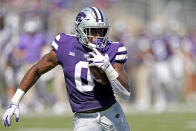 Kansas State tight end Daniel Imatorbhebhe runs the ball for a touchdown during the first half of an NCAA college football game against Nevada on Saturday, Sept. 18, 2021, in Manhattan, Kan. (AP Photo/Charlie Riedel)