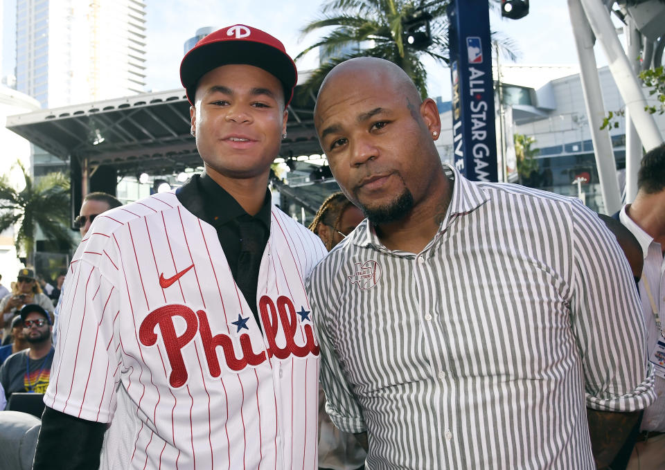 名將Carl Crawford之子Justin Crawford在2022 MLB選秀中被費城費城人挑中。(Photo by Kevork Djansezian/Getty Images)