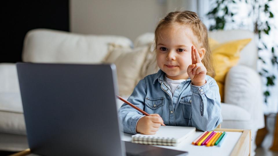 Little girl taking online courses in living room.