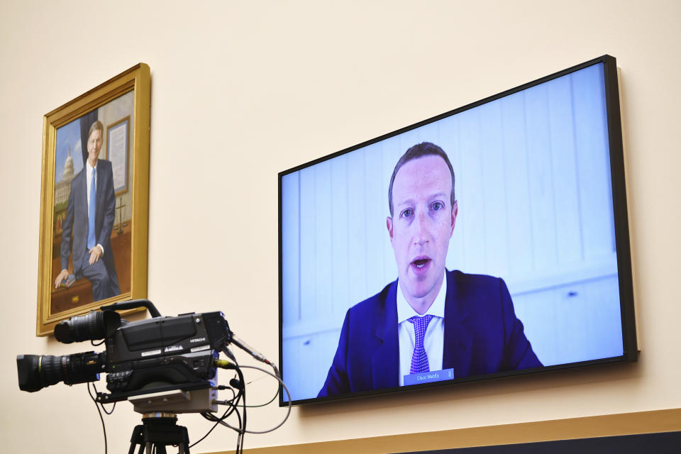 Facebook CEO Mark Zuckerberg testifies remotely during a House Judiciary subcommittee on antitrust on Capitol Hill on Wednesday, July 29, 2020, in Washington. (Mandel Ngan/Pool via AP)