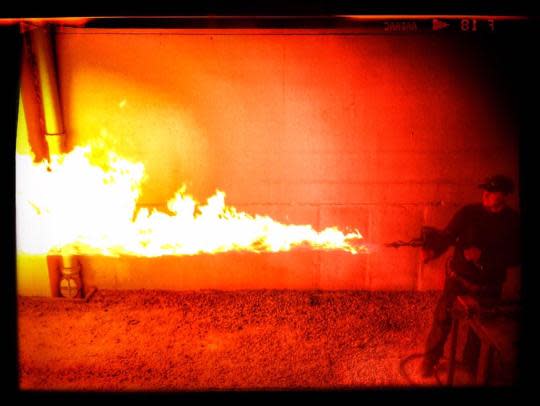 <p>The all-important “Flamethrower test #skwad”<a href="https://twitter.com/DavidAyerMovies/status/568067250667663360" rel="nofollow noopener" target="_blank" data-ylk="slk:tweeted Ayer;elm:context_link;itc:0;sec:content-canvas" class="link "> tweeted Ayer</a>.</p>