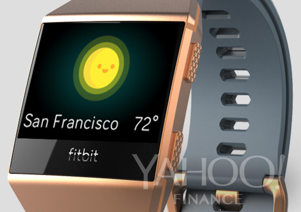 A photo of Fitbit's upcoming smartwatch, which was leaked to Yahoo Finance.