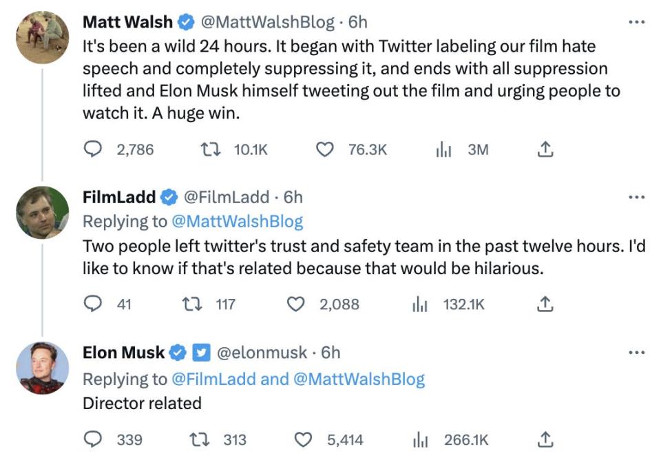 A screenshot of Musk's interaction with right-wing commentator Matt Walsh and another user in which he seemingly confirms that executives left because of a controversy over a film made by Walsh.