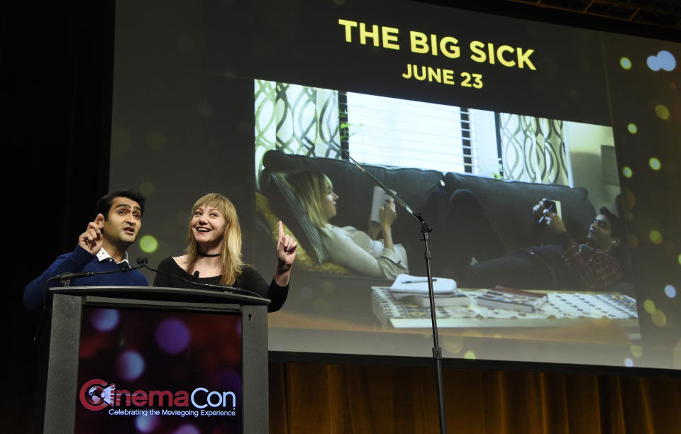 Kumail Nanjiani, left, and his wife Emily Gordon, the co-writers of the upcoming film "The Big Sick," discuss the film during the Amazon Studios presentation at CinemaCon 2017 at Caesars Palace on Thursday, March 30, 2017, in Las Vegas. Nanjiani also stars in the film. (Photo by Chris Pizzello/Invision/AP)