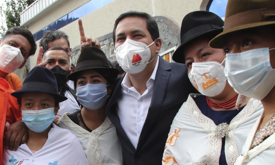 Andrés Arauz poses with evangelical indigenous leaders during a campaign stop in Quito, Ecuador, on 5 April.