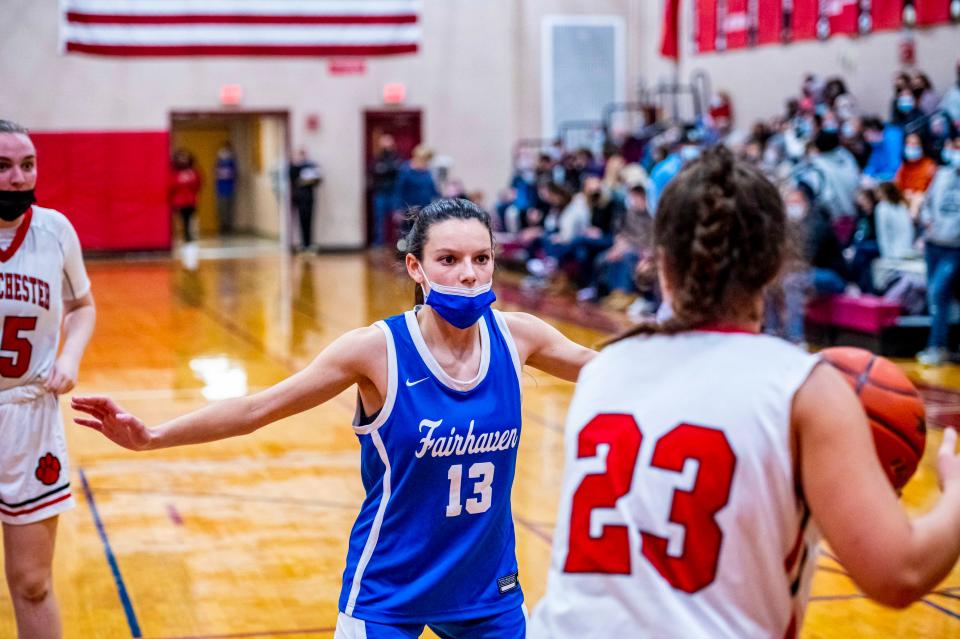 Fairhaven's Tenley Dakin plays a tight defense on the in bound pass from Old Rochester's Emerson Gonet.