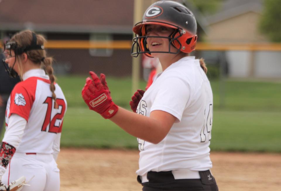 Gillespie's Emma Gipson reaches first base during a South Central Conference game at Staunton on Wednesday, May 4, 2022.