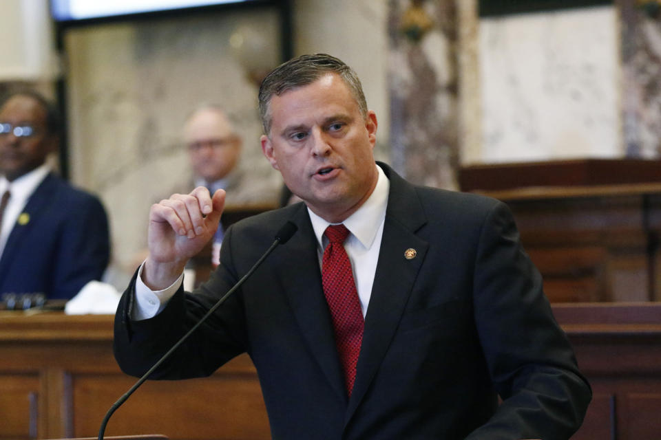 Sen. Chad McMahan, R-Guntown, speaks in favor of legislation to change the Mississippi state flag Sunday, June 28, 2020 at the Capitol in Jackson, Miss. The bill to change the state flag passed. Both chambers of the Mississippi Legislature passed the bill to take down the state flag, which contains the Confederate battle emblem. (AP Photo/Rogelio V. Solis)