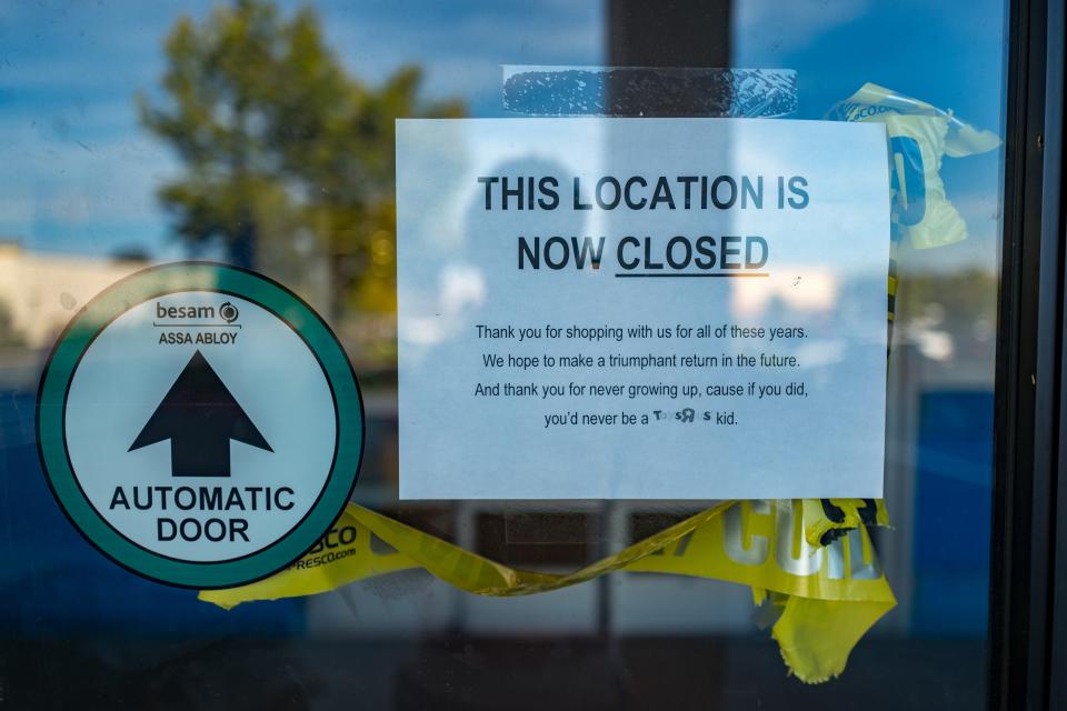 Printed paper sign on door of Toys R Us store in Dublin, California following the company's bankruptcy, with yellow caution tape and text reading "Thank you for shopping with us all these years, we hope to make a triumphant return in the future, and thank you for never growing up, because if you did you'd never be a Toys R Us kid", July 23, 2018. (Photo by Smith Collection/Gado/Getty Images)