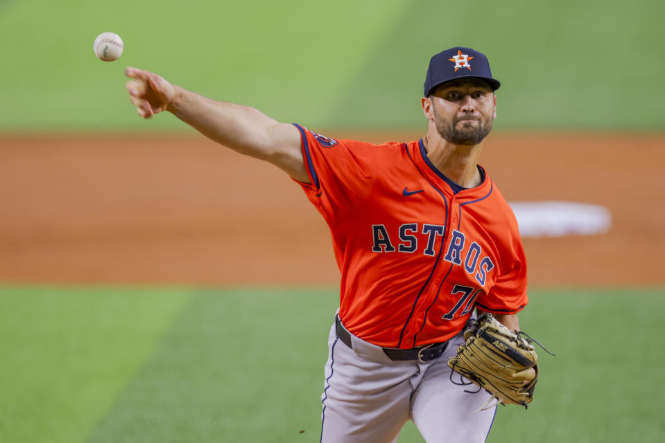 Houston Astros starting pitcher Blair Henley delivers during the first inning of a baseball game against the Texas Rangers, Monday, April 8, 2024, in Arlington, Texas. (AP Photo/Gareth Patterson)