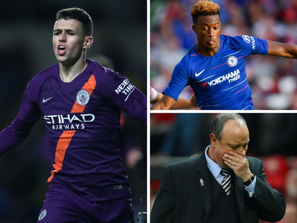 (Clockwise left-right) Phil Foden, Callum Hudson-Odoi and Rafa Benitez