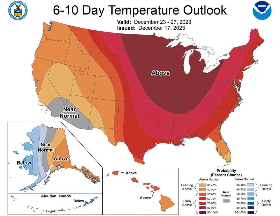 National Weather Service temperature outlook for Dec. 23-27, 2023.