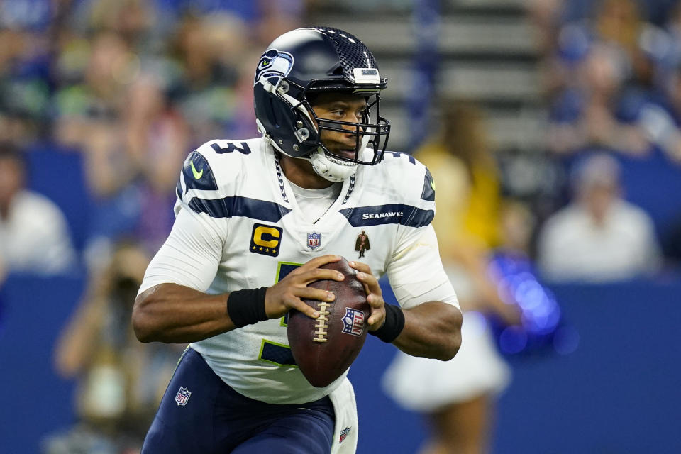 Seattle Seahawks quarterback Russell Wilson (3) throws against the Indianapolis Colts in the first half of an NFL football game in Indianapolis, Sunday, Sept. 12, 2021. (AP Photo/Charlie Neibergall)